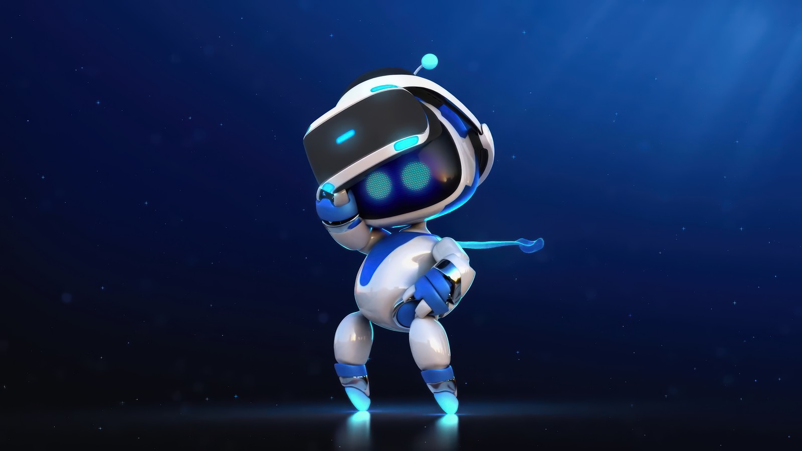 Un gros plan d'un robot en costume bleu et blanc (astro bot, jeu vidéo, vr)