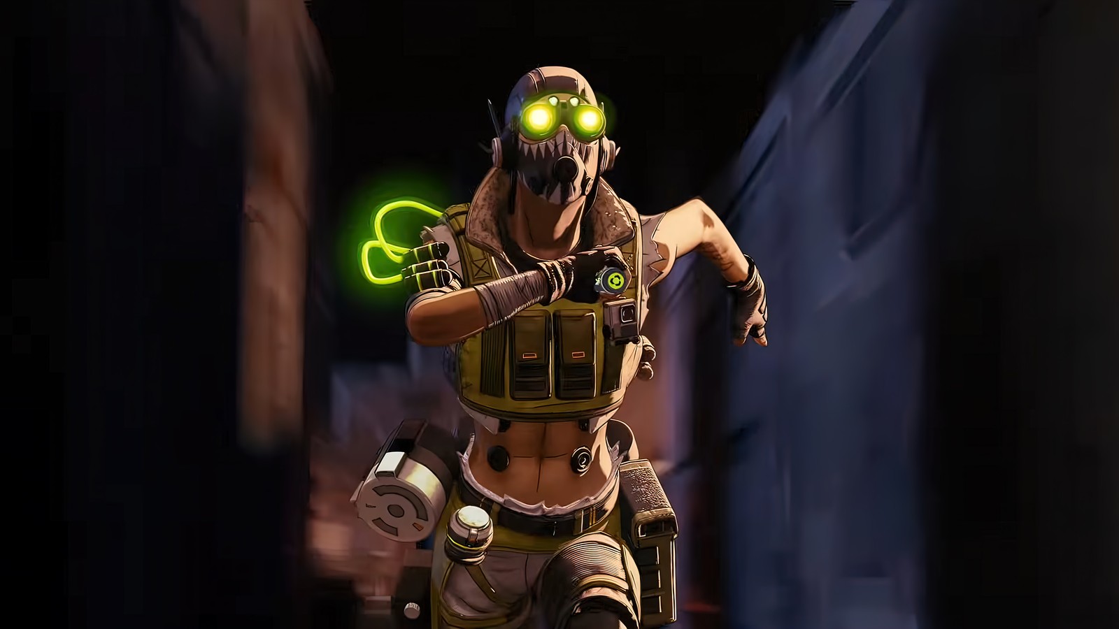 A close up of a person in a costume with a green light (octane, running, apex legends, video game, season 9 legacy)