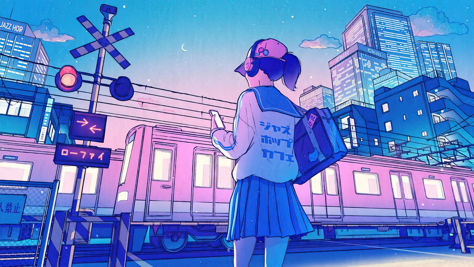 Chica de anime con mochila esperando el tren por la noche (niñas de anime, arte, tren, noche, ciudad)