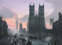 Twilight Cityscape: The Tower of London and Westminster Abbey Amidst a Vintage Metropolis