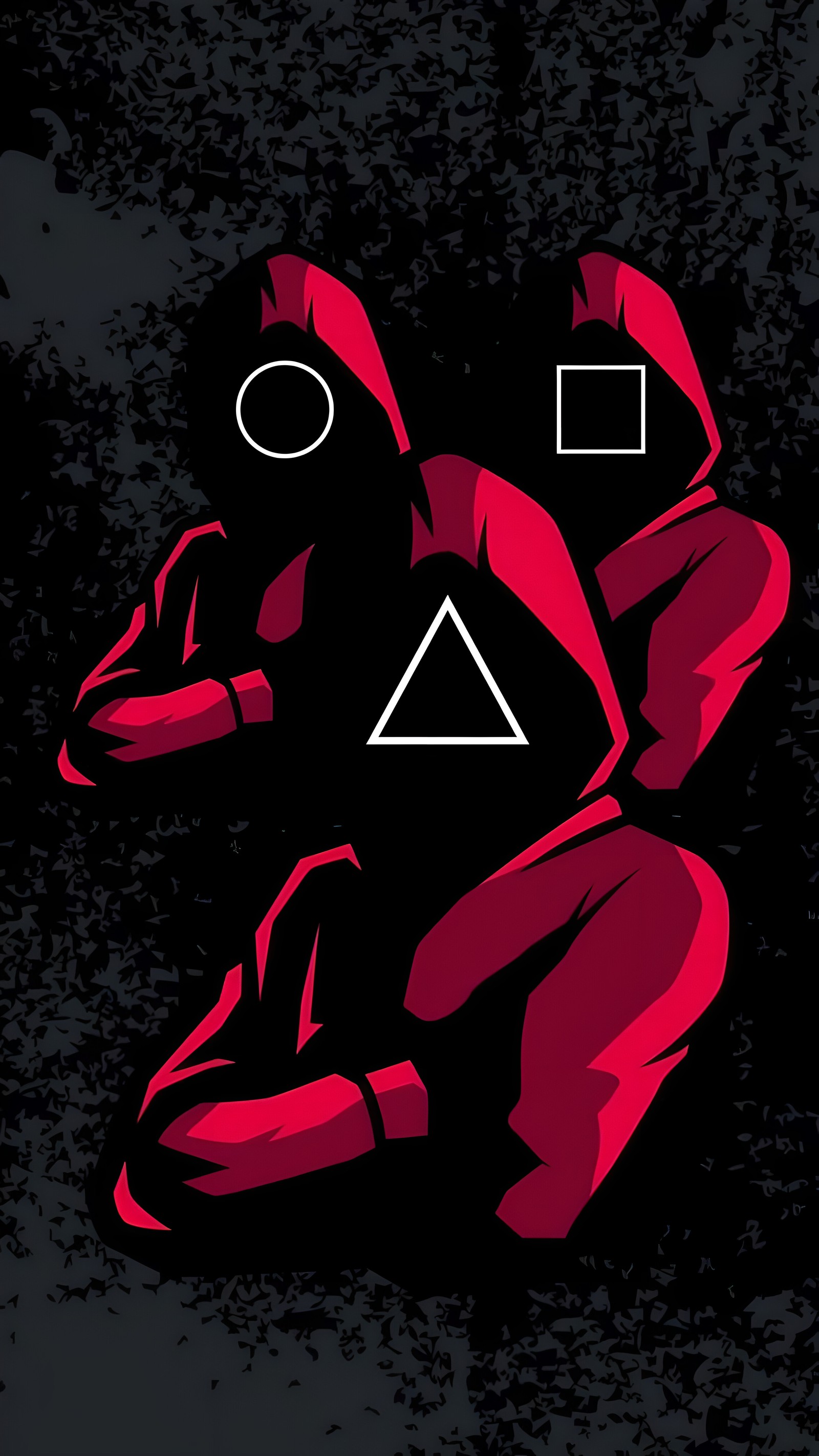 There is a man sitting on the ground with a triangle and a triangle (cartoon, poster, gesture, pink, art)