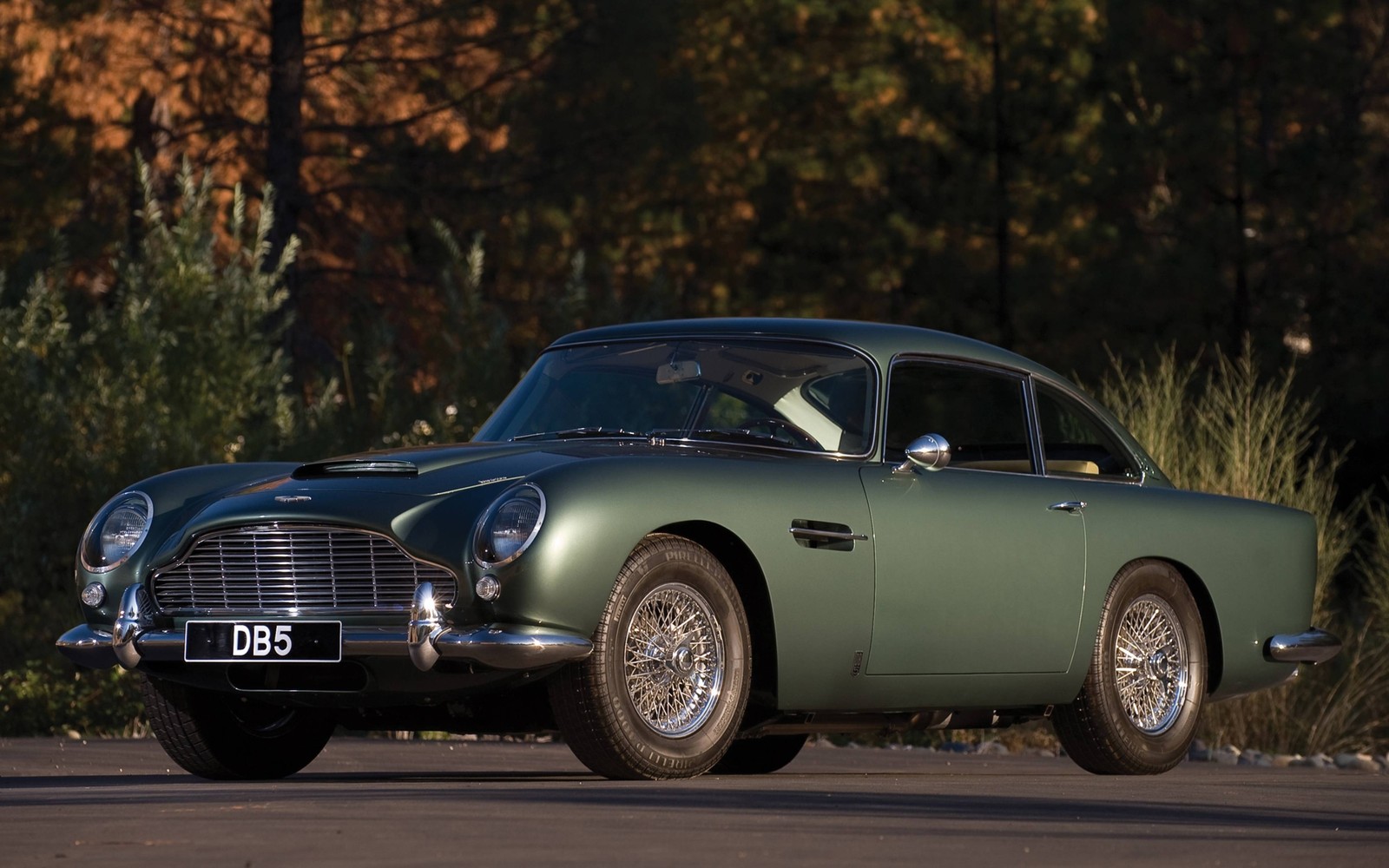 Um carro verde estacionado em um estacionamento ao lado de uma floresta (aston martin db5, aston martin, carro, aston martin db4, carro esportivo)