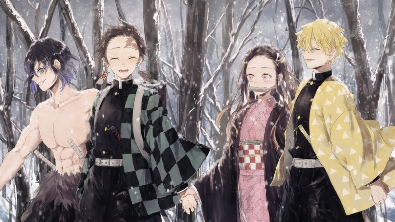 Трое аниме-персонажей в снежном лесу с деревьями (kimetsu no yaiba, аниме, anime, tanjirou kamado, nezuko kamado)