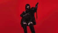 Chica de anime con arma contra un fondo rojo intenso