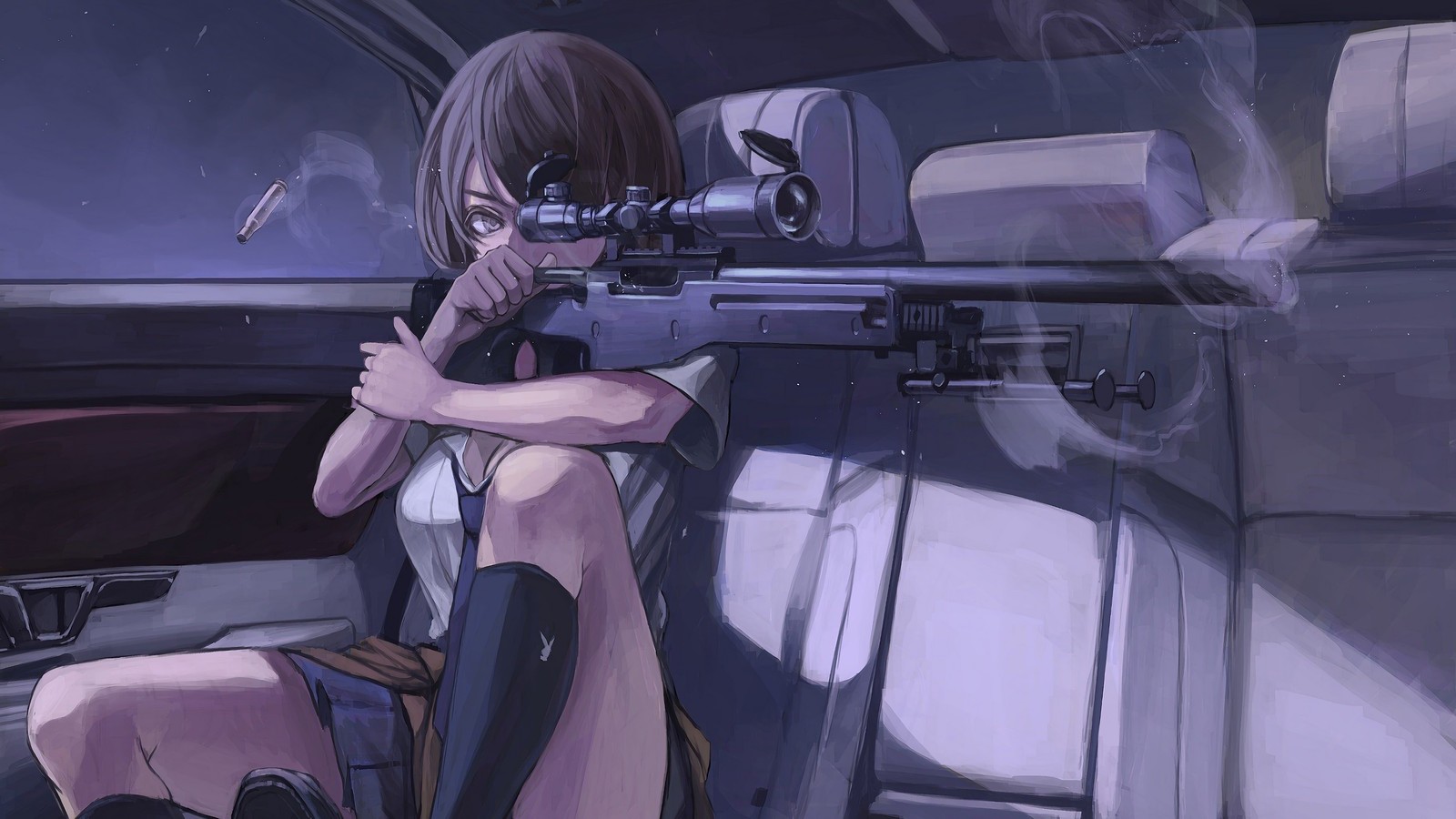 Anime-mädchen mit einer waffe im auto (anime, mädchen, scharfschützengewehr, schießen)