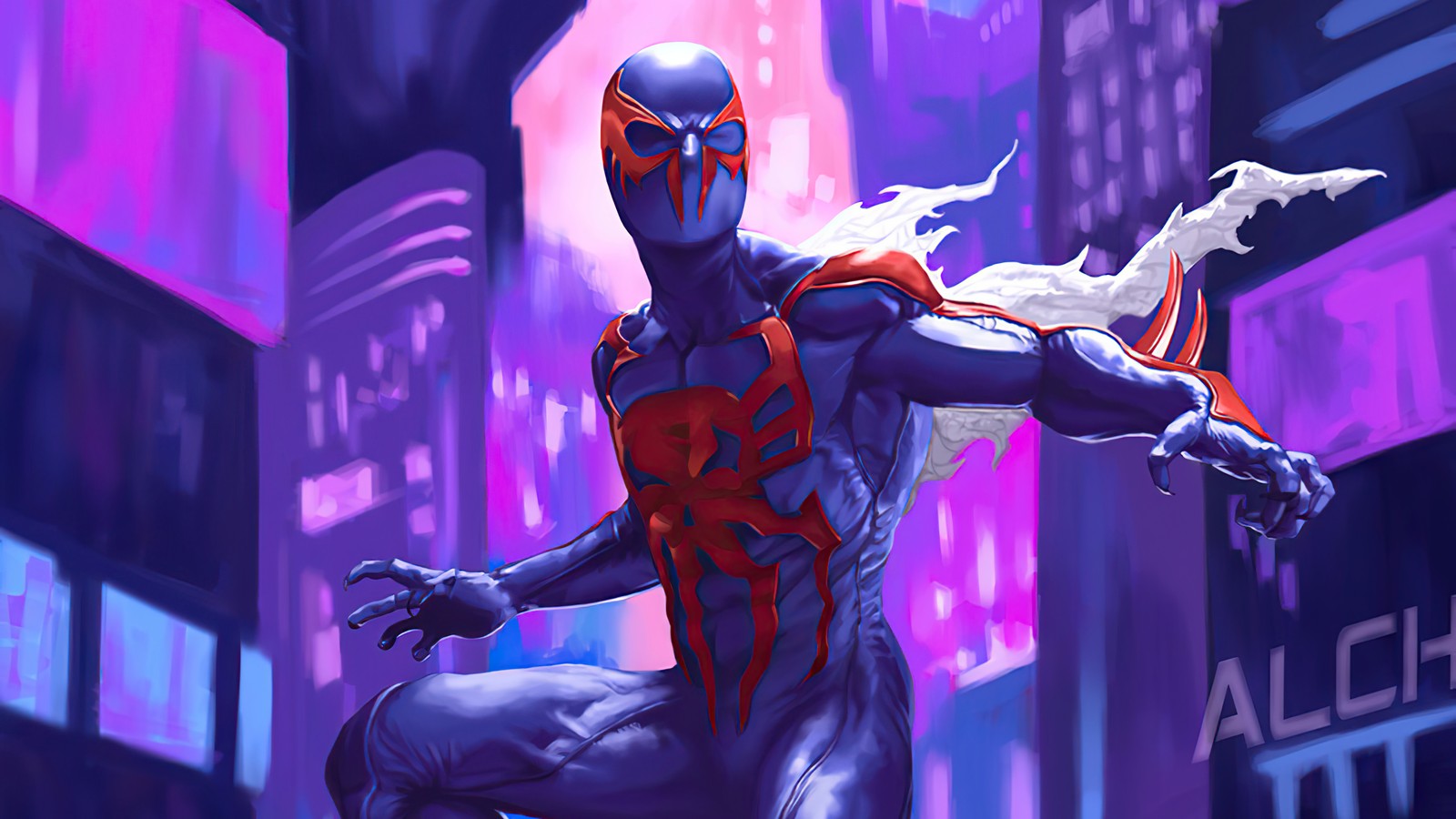 L'homme araignée dans une ville avec un fond néon (spider man, spider man 2099, marvel comics, super héros, bandes dessinées)