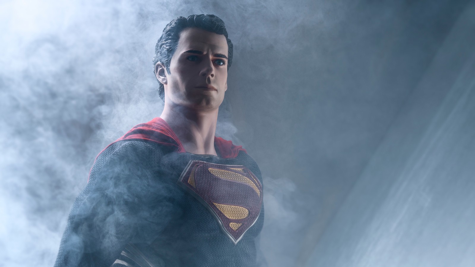 Gros plan d'un homme en costume de superman debout dans la fumée (henry cavill, homme dacier, art numérique, ligue de justice, justice league)