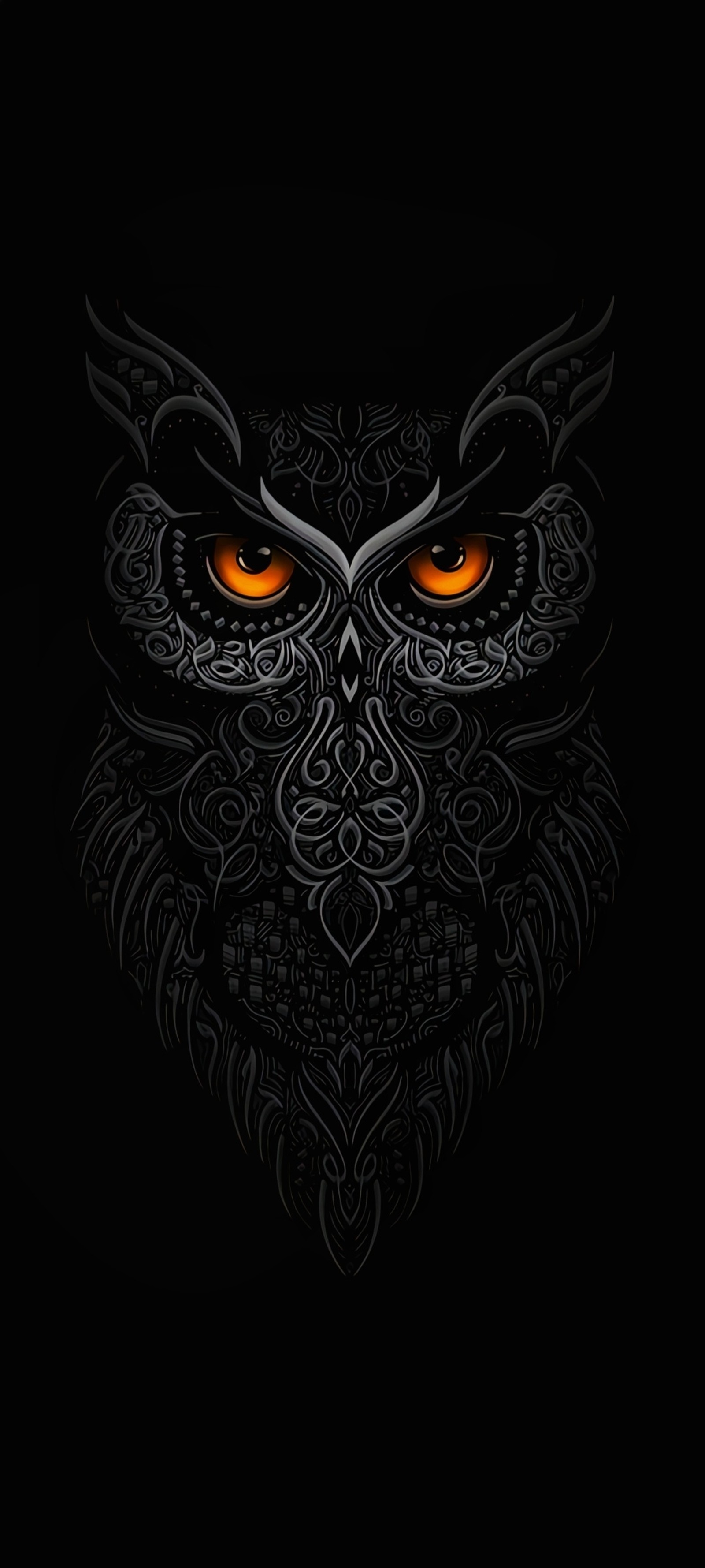 A black background with an owl's face and orange eyes (owl, head, eye, grey, art)