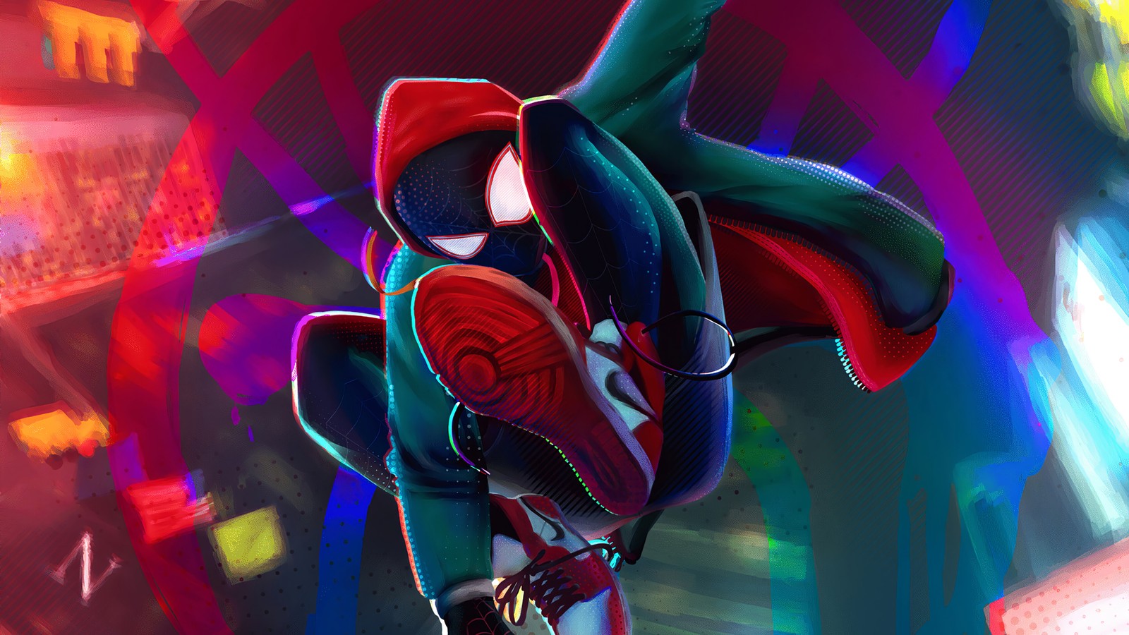 Spider-man dans le spider-verse (miles morales, spider man, marvel comics, super héros, bandes dessinées)