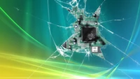 Fragmented Technology: A Cracked Circuit Board Against a Colorful Background