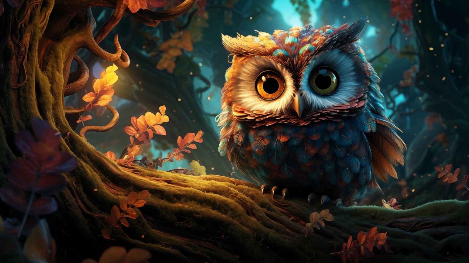 An owl sitting on a tree branch in the woods (owl, animals, animal, art)