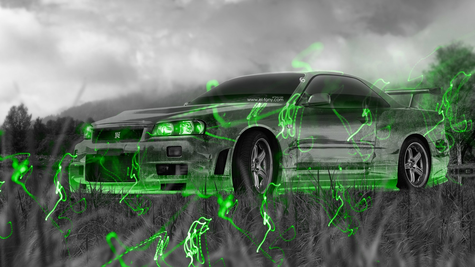 A close up of a car with green lights on it in a field (nissan, car, city car, nissan skyline gtr, nissan gt r)