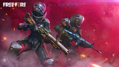 Dynamic duo in futuristic armor wielding powerful weapons in Garena Free Fire's intense battle royale action.