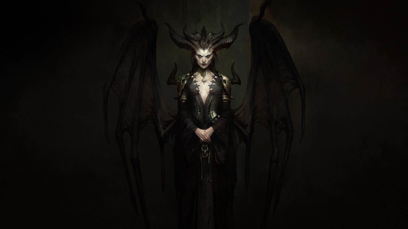 Un demonio de cabello oscuro con cuernos y una cola larga de pie en la oscuridad (lilith, diablo 4, diablo iv, videojuego)