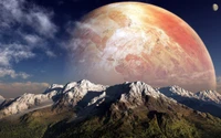 Majestic mountains under a vibrant planetary sky with celestial bodies in the distance.