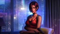 Ada Wong en un entorno urbano iluminado por neón, personificando misterio e intriga de Resident Evil 2 Remake.