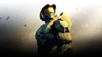 Master Chief de Halo Infinite dans une pose dynamique contre un arrière-plan dramatique