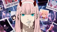 Zero Dois de Darling in the Franxx em meio a um colagem digital de emoções