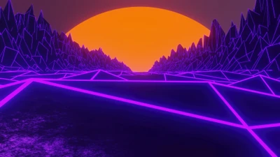 Lebendiger Synthwave Sonnenuntergang über abstrakter Berglandschaft