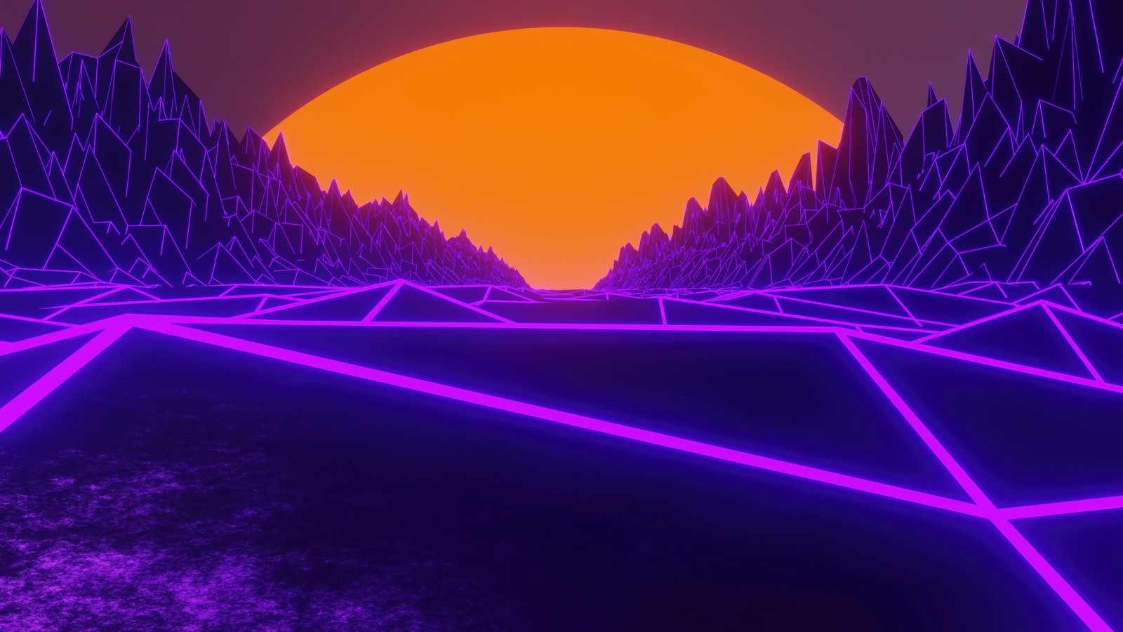 Um pôr do sol roxo e laranja sobre uma cadeia de montanhas com um triângulo neon (por do sol, montanha, synthwave, retrowave, vaporwave)