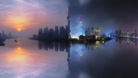 Beeindruckende Skyline von Shanghai, die bei Dämmerung reflektiert wird