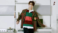 Jun from Seventeen in a stylish, colorful outfit, posing confidently against a modern backdrop.