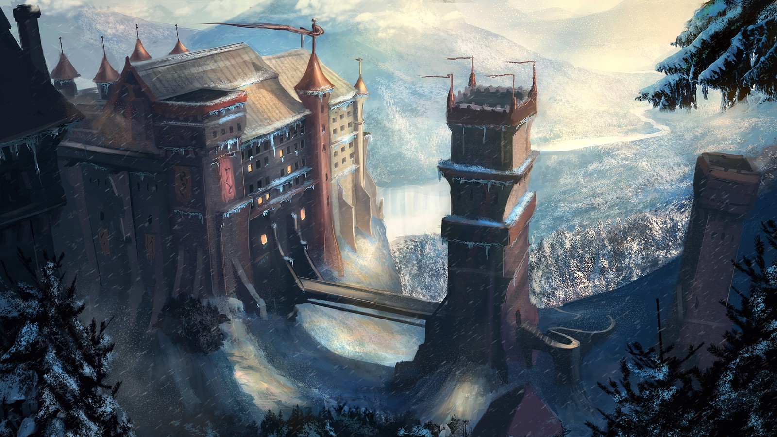 A painting of a castle in the middle of a snowy mountain (a song of ice and fire, a game of thrones, world, painting, watercolor paint)