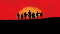 Silhouettes of seven characters against a vibrant sunset in a western landscape.