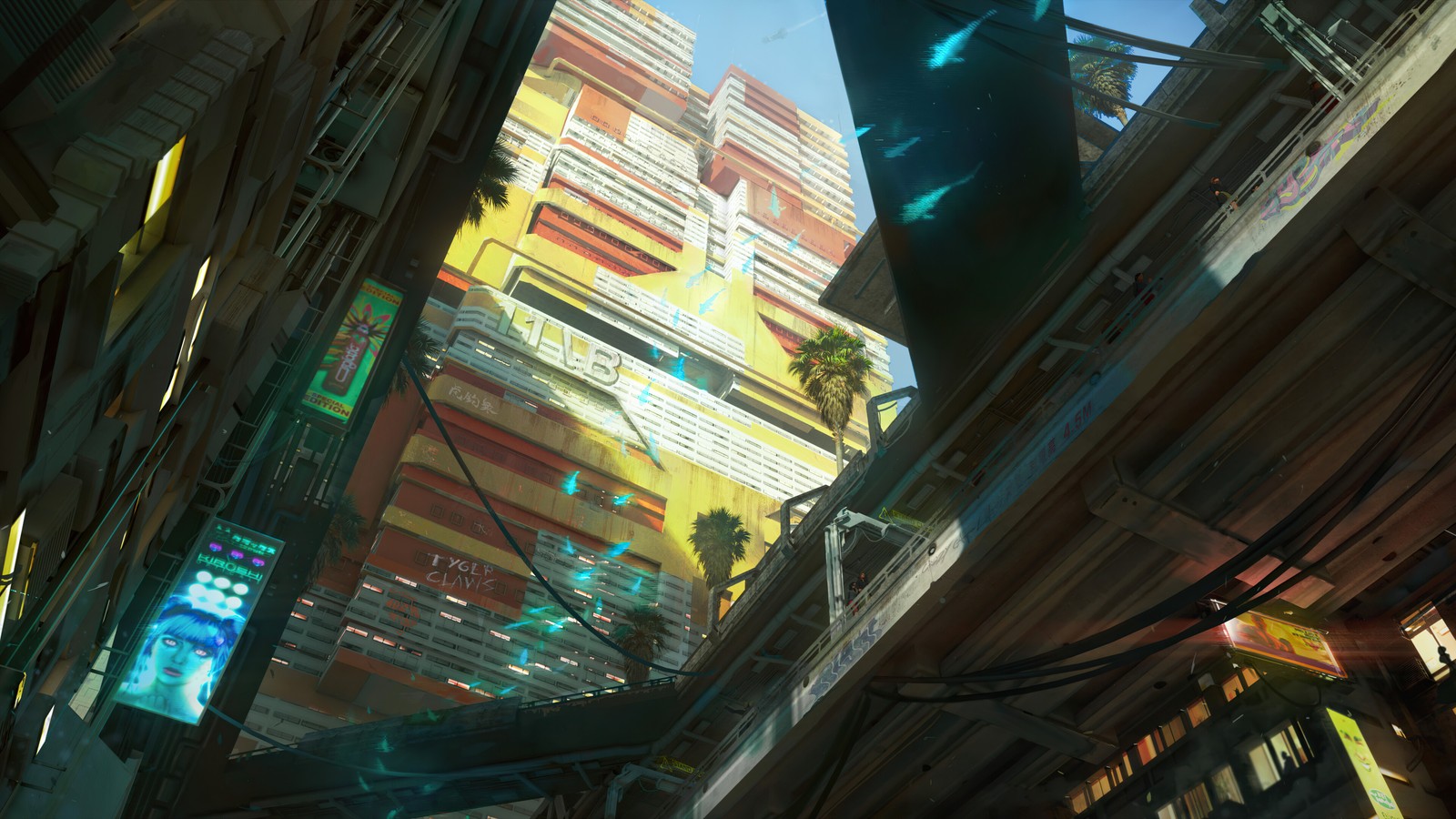 Il y a un lampadaire qui est vert dans une ville (cyberpunk 2077, jeu vidéo, science fiction, ville, bâtiments)