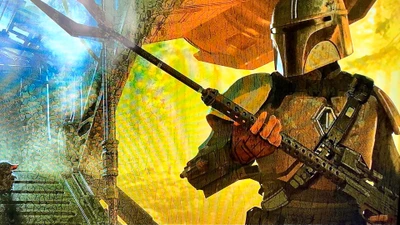 Mandalorian Warrior in Action with Futuristic Setting