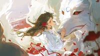 Lien enchanteur : Une fille et son loup dans un paysage de rêve fantastique