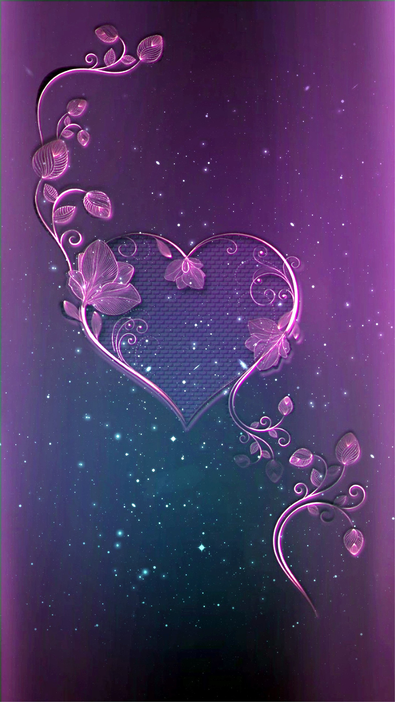 Purple heart with flowers and vines on a purple background (coeur, heart, love, pink, romance)