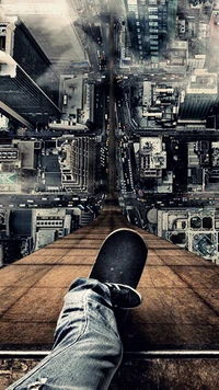 Skateboarding Above the City: A Thrilling Perspective