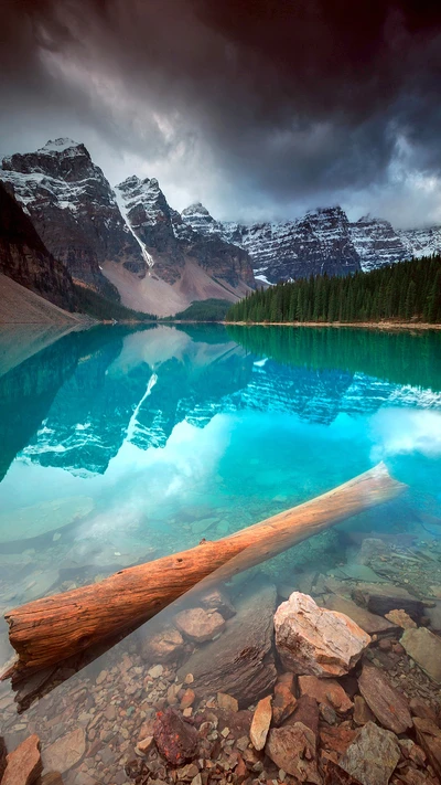 Impresionante reflejo de montañas cubiertas de nieve y un lago sereno con un tronco en primer plano.