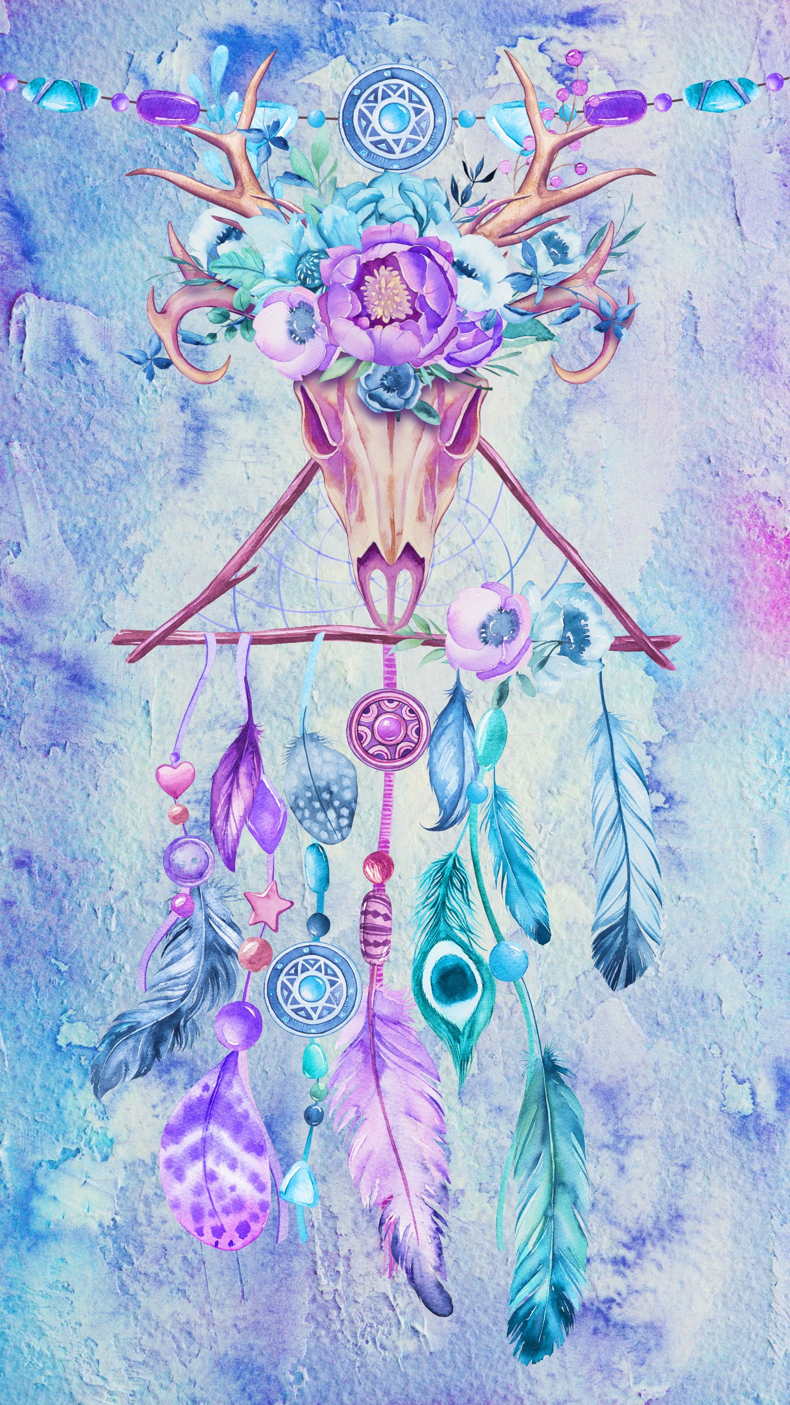 Painting of a skull with feathers and a pentagram (art, blue, cute, dreamcatcher, skull)