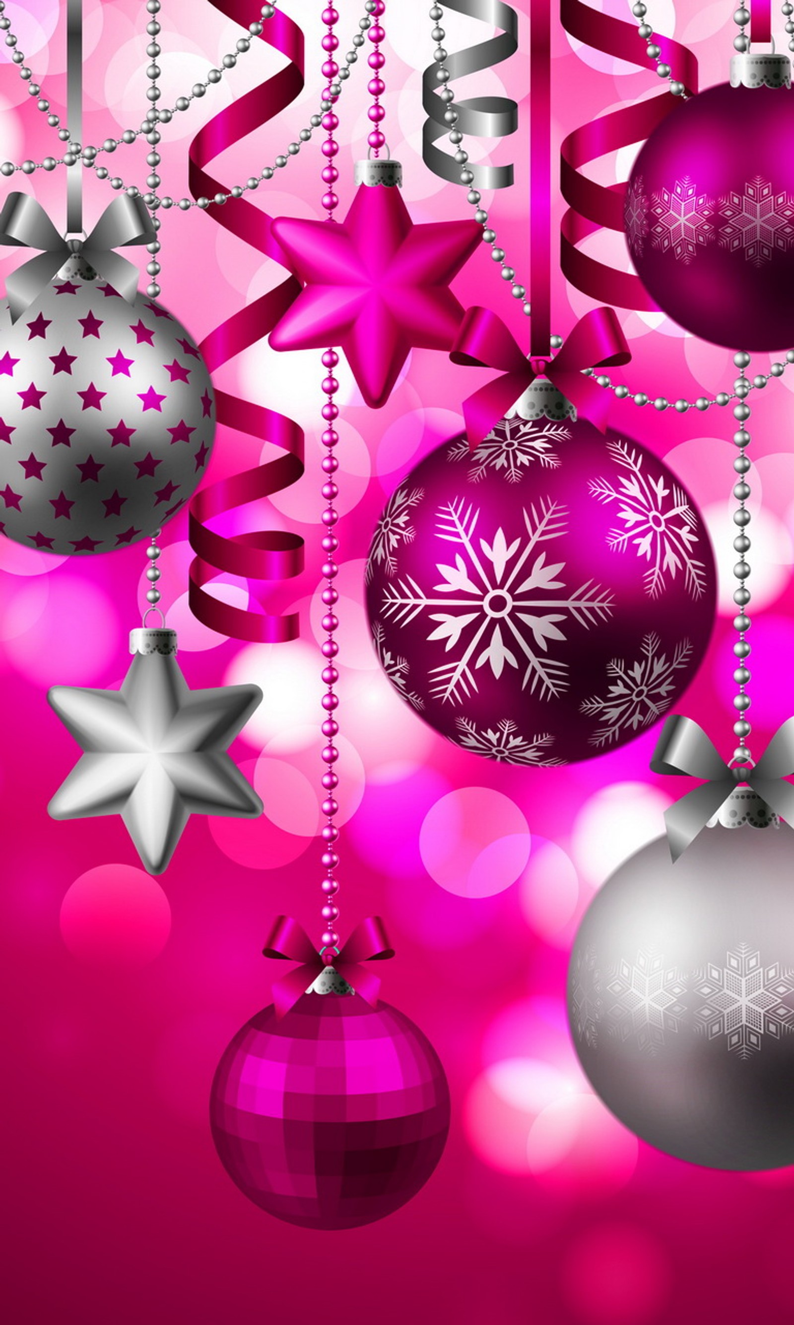 Weihnachtskugeln und sterne auf rosa hintergrund mit lichtern (abstract pink, hintergrund, weihnachtskugeln, dekor, dekoration)