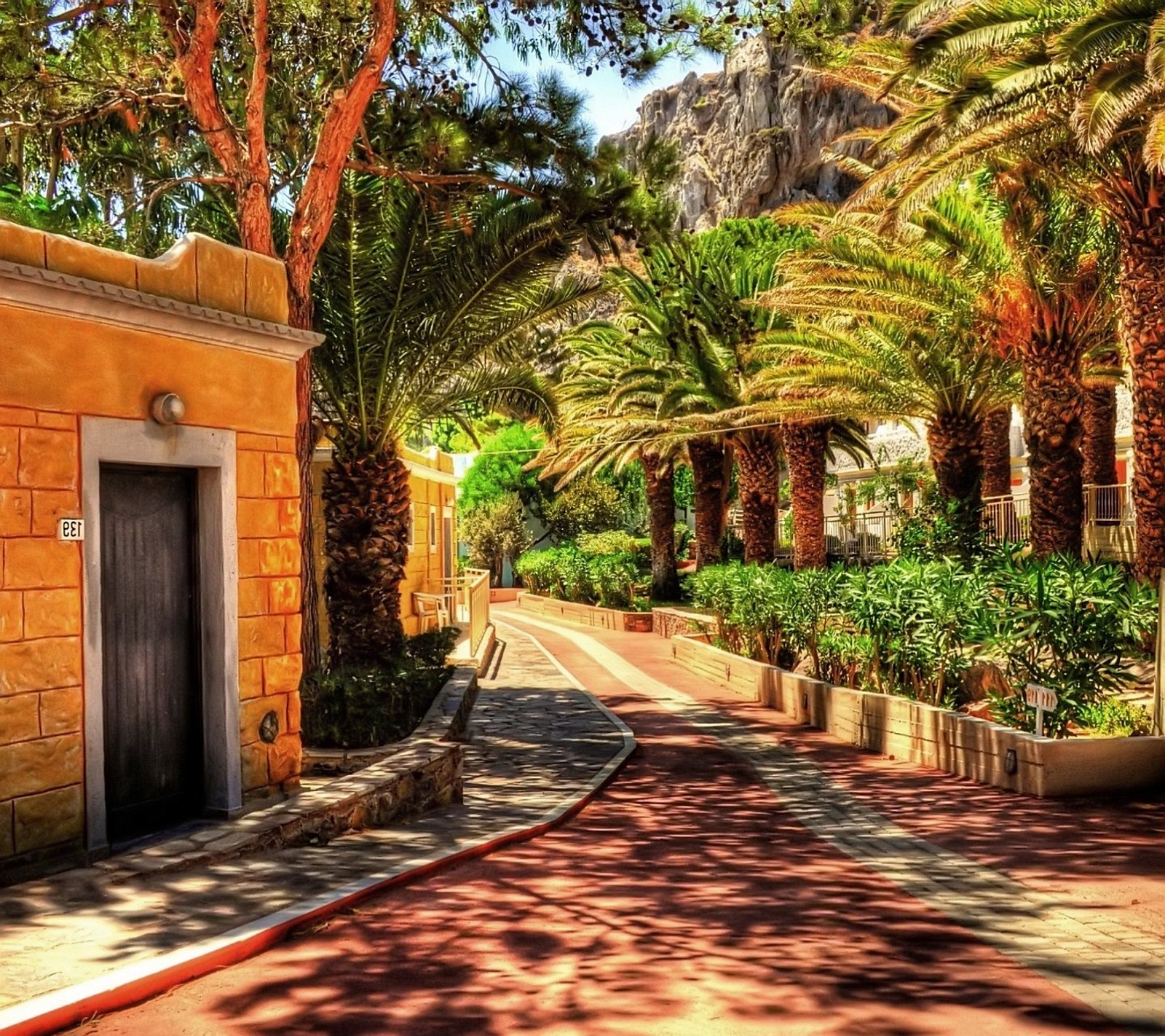 Una calle con palmeras y un edificio amarillo (grecia, naturaleza)