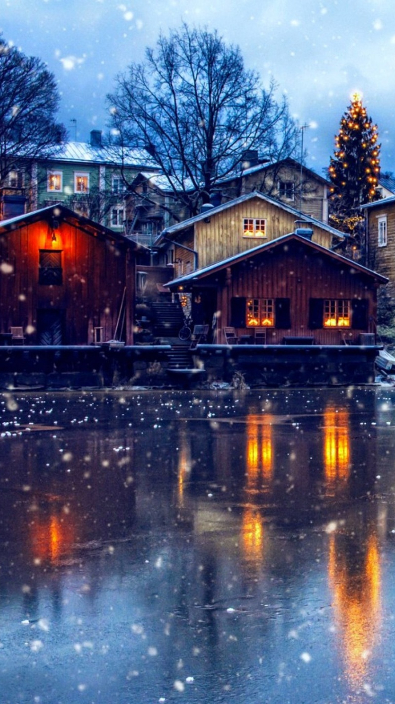 Snowy scene of a lake with a house and a christmas tree (nature, snowy, village, winter)