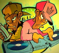 Arte de graffiti dinámico que presenta a dos DJs estilizados comprometidos apasionadamente en mezclar en tornamesas, ambientados en un fondo vibrante.