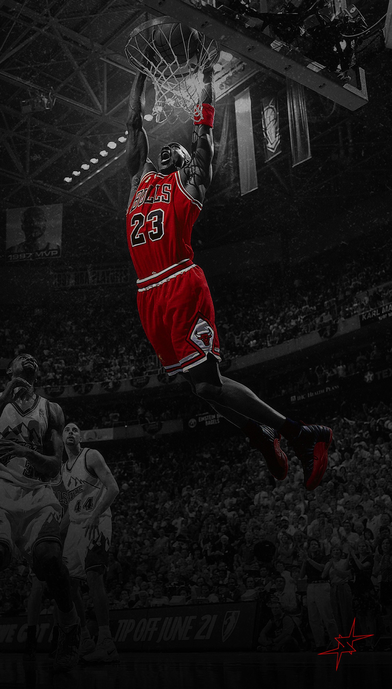 Arafed photograph of a basketball player in mid air after a dunk (michael jordan, jordan, goat, bulls)