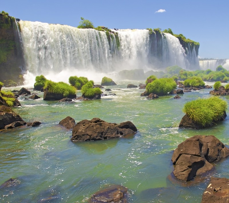 Водопад с зелеными растениями и скалами на переднем плане (hd, природа, вода, водопад)