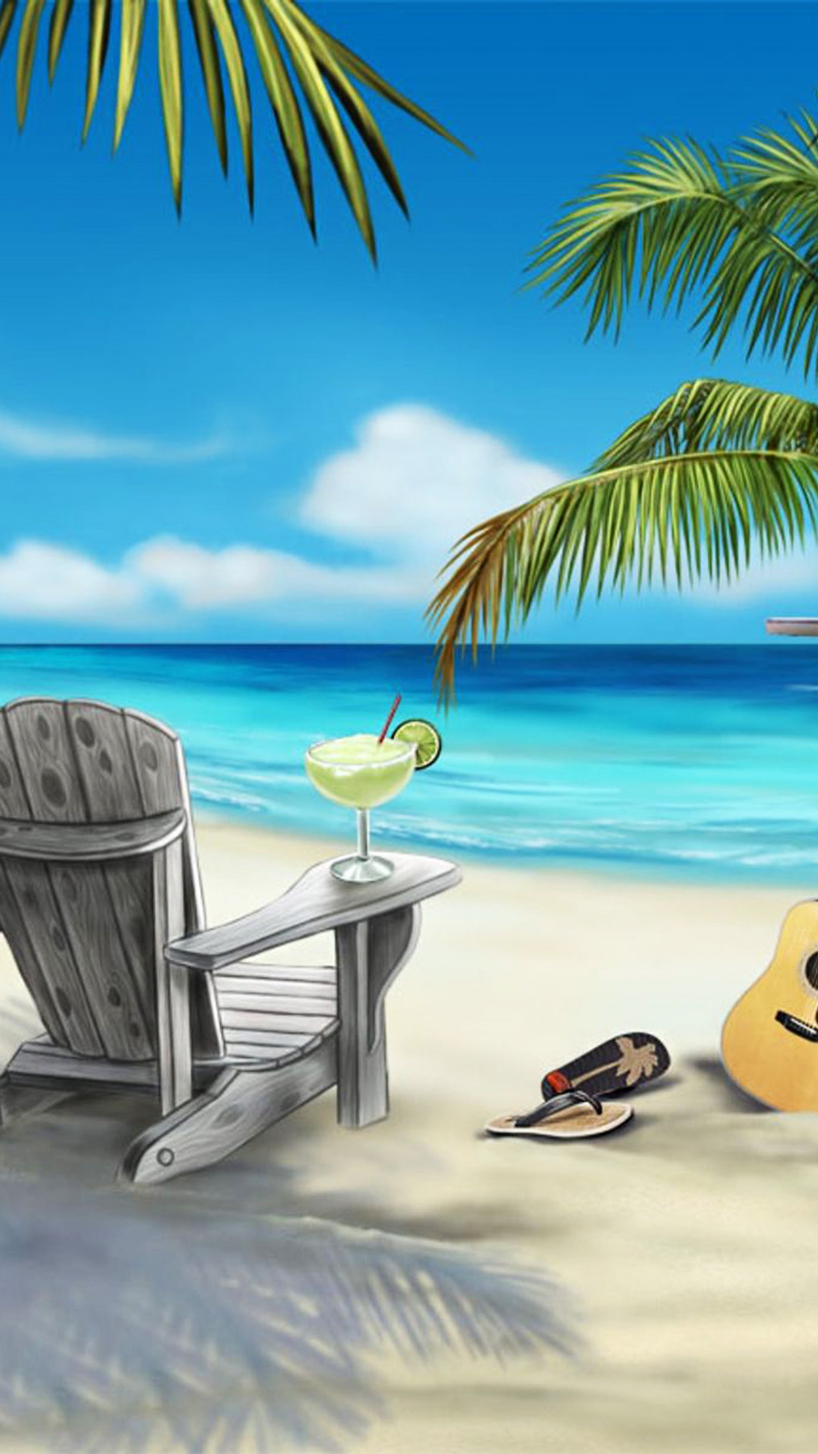 Una pintura de una escena de playa con una guitarra, una silla y un cóctel (playa, nubes, cóctel, guitarra, palma)