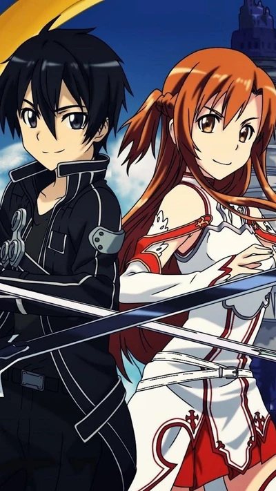 Kirito y Asuna de Sword Art Online, listos con espadas contra un fondo de cielo vibrante.