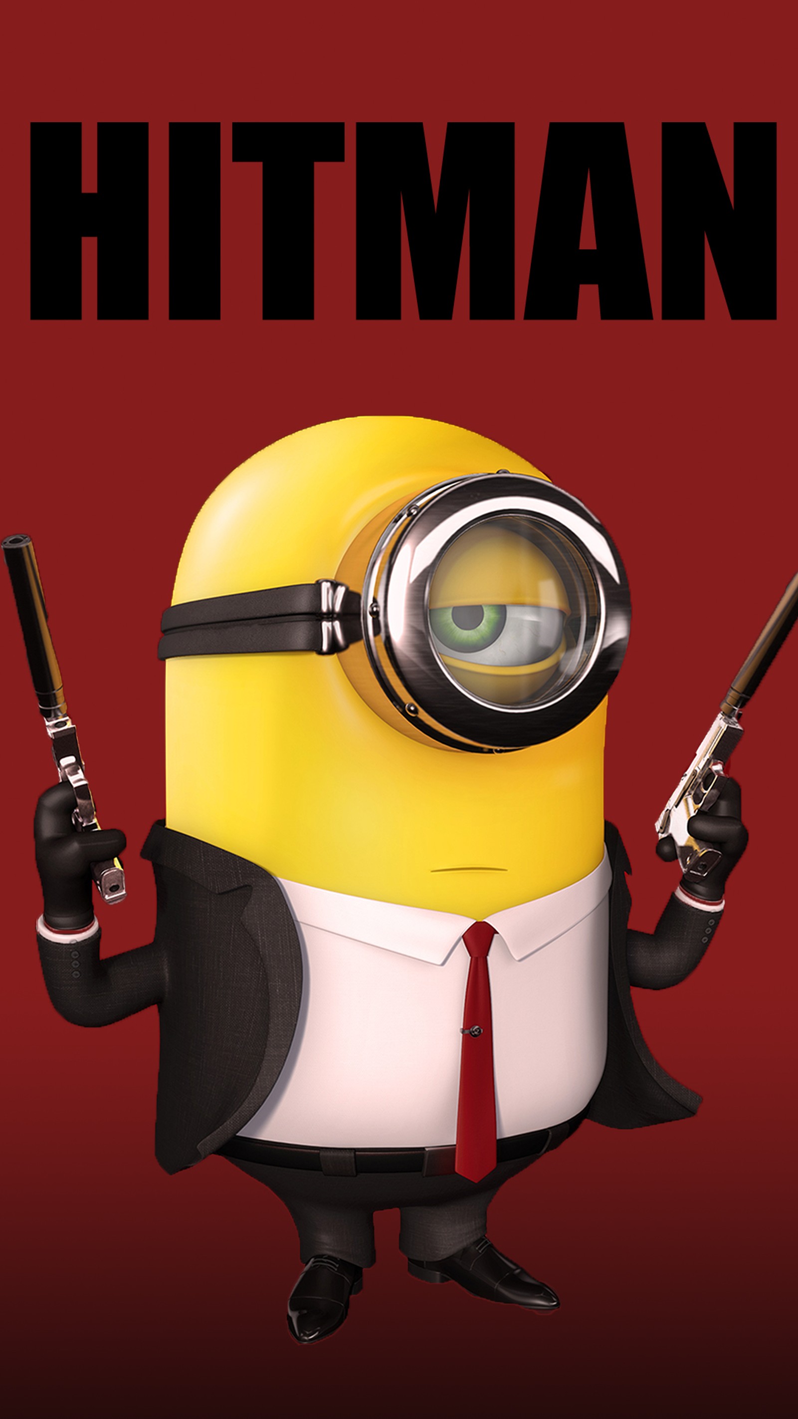 Nahaufnahme eines minions mit zwei pistolen und einem handy (zeichentrick, komödie, design, lustig, auftragskiller)