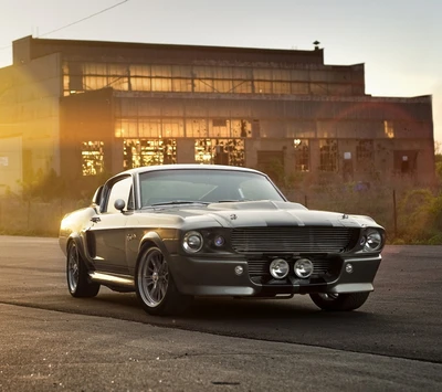 Icónico Ford Mustang GT500 Eleanor de 1967 en un entorno industrial iluminado por el sol.