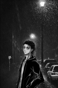 Eren Yeager em uma paisagem urbana chuvosa noturna, capturando um momento de introspecção entre as sombras.