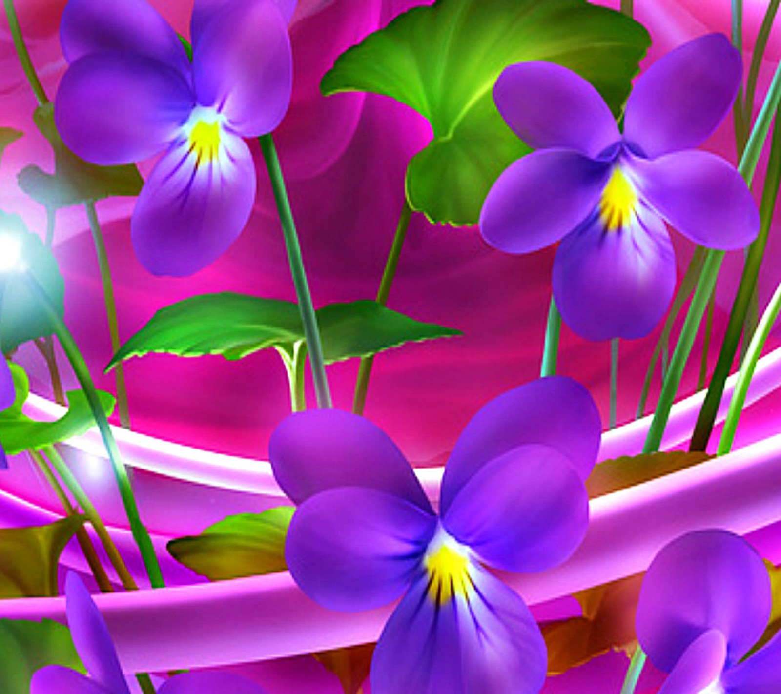 Purple flowers in a pink vase with green leaves (floral, flowers)