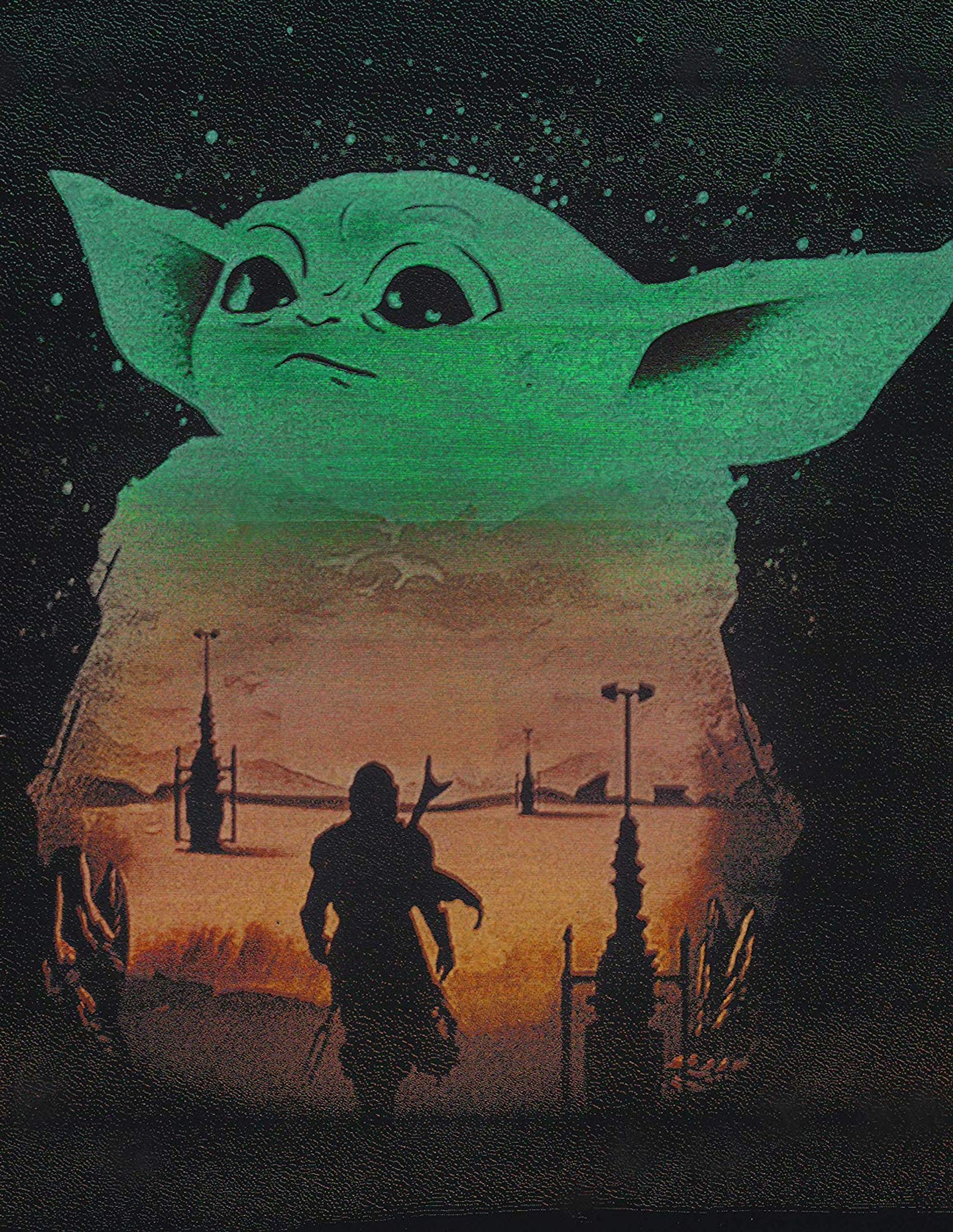 Pintura de un bebé yoda con un resplandor verde (bebé, estrella, guerras, yoda)