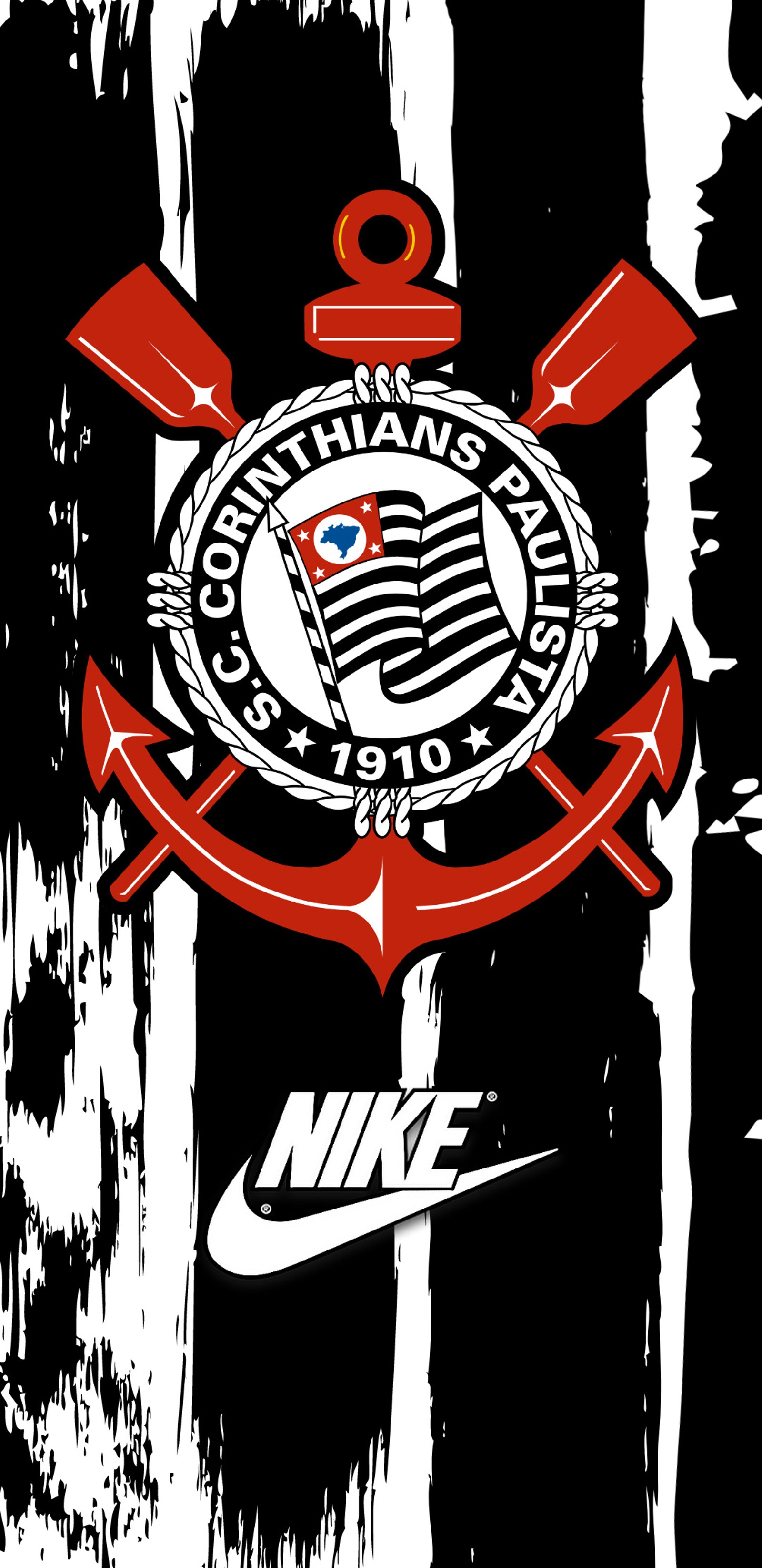 Logo nike sur un fond noir et blanc avec des flèches rouges (champions, corinthians, sport, fifa, football)