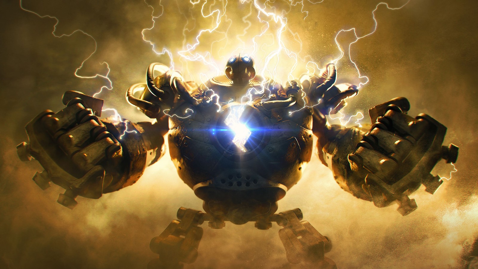 A close up of a robot with lightning coming out of it (blitzcrank, league of legends, lol, video game)